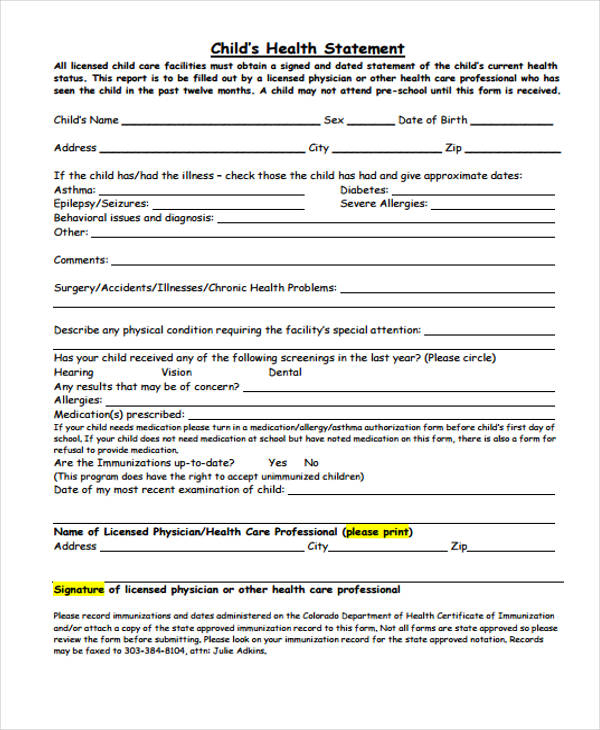 FREE 11 Health Statement Forms In PDF MS Word