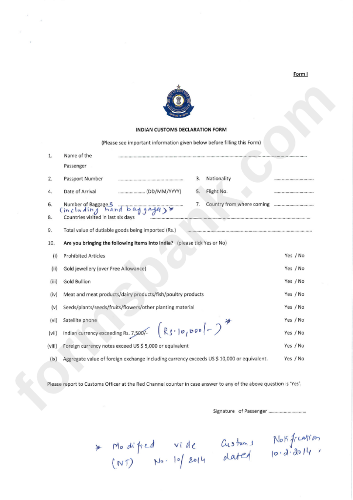 Indian Customs Declaration Form Printable Pdf Download