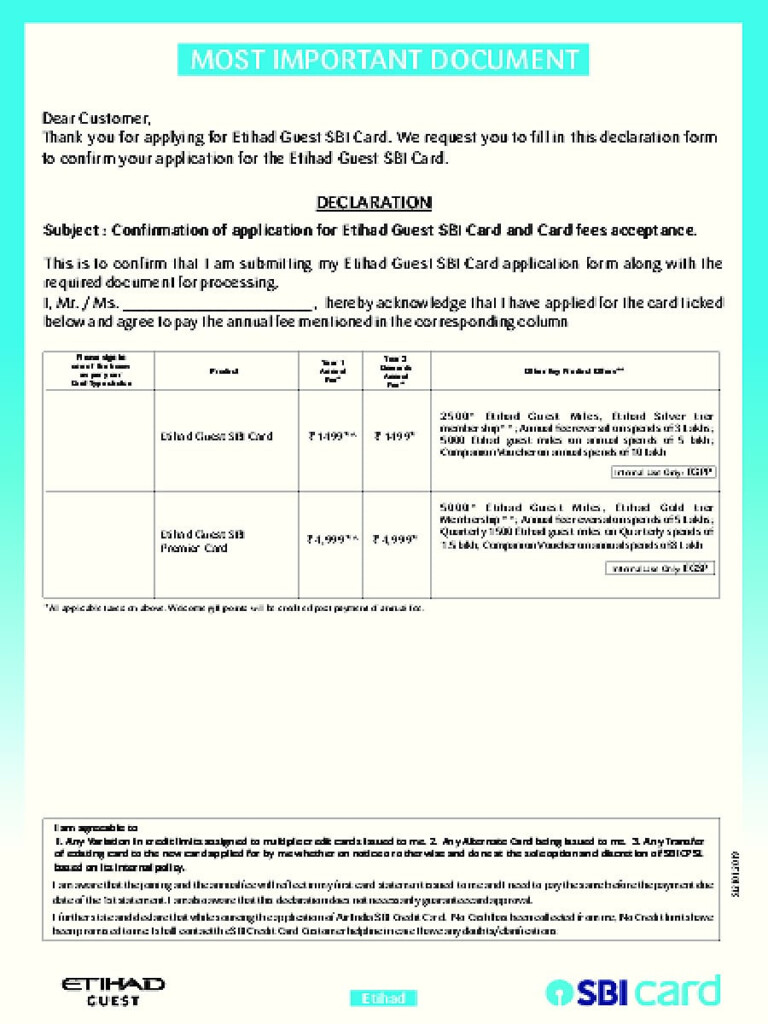  PDF Etihad Guest SBI Card Declaration Form PDF Download InstaPDF