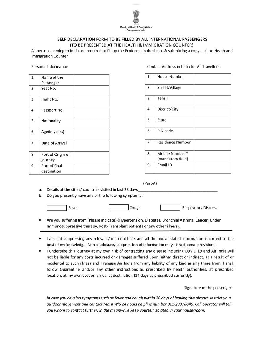  PDF Self Declaration Form For International Passenger PDF Download 