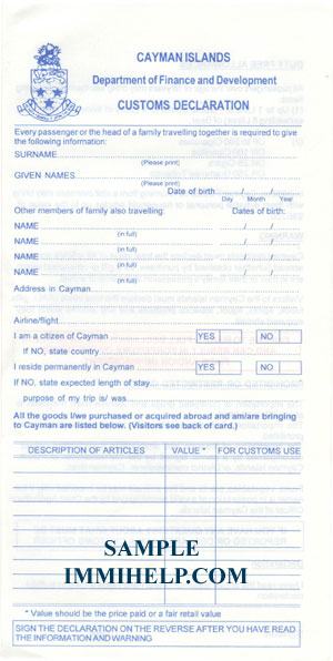 Sample Cayman Islands Customs Declaration Form