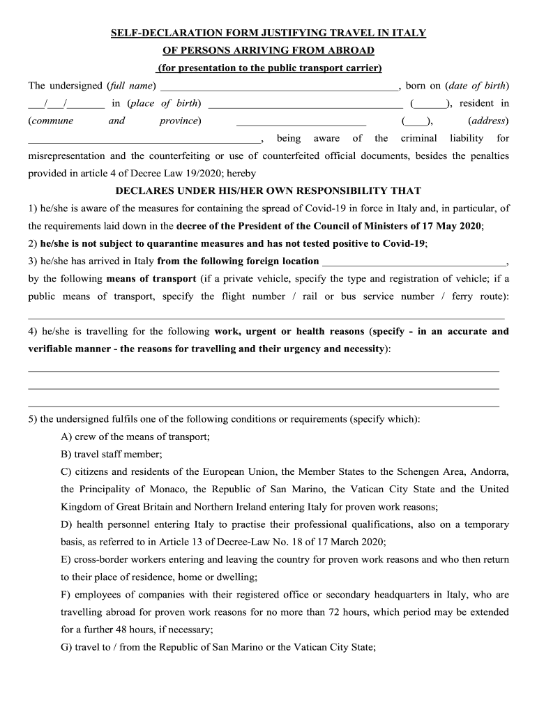 Self Declaration Form Justifying Travel In Italy Fill Online