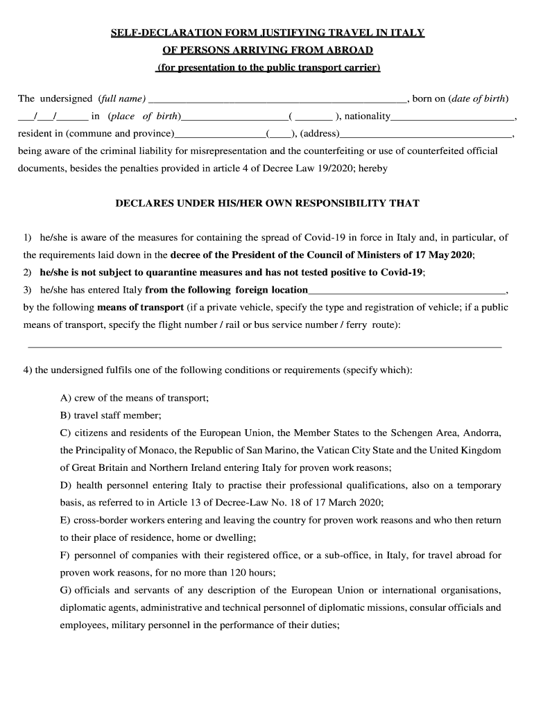 Self Declaration Form Justifying Travel In Italy Fill Out Sign 