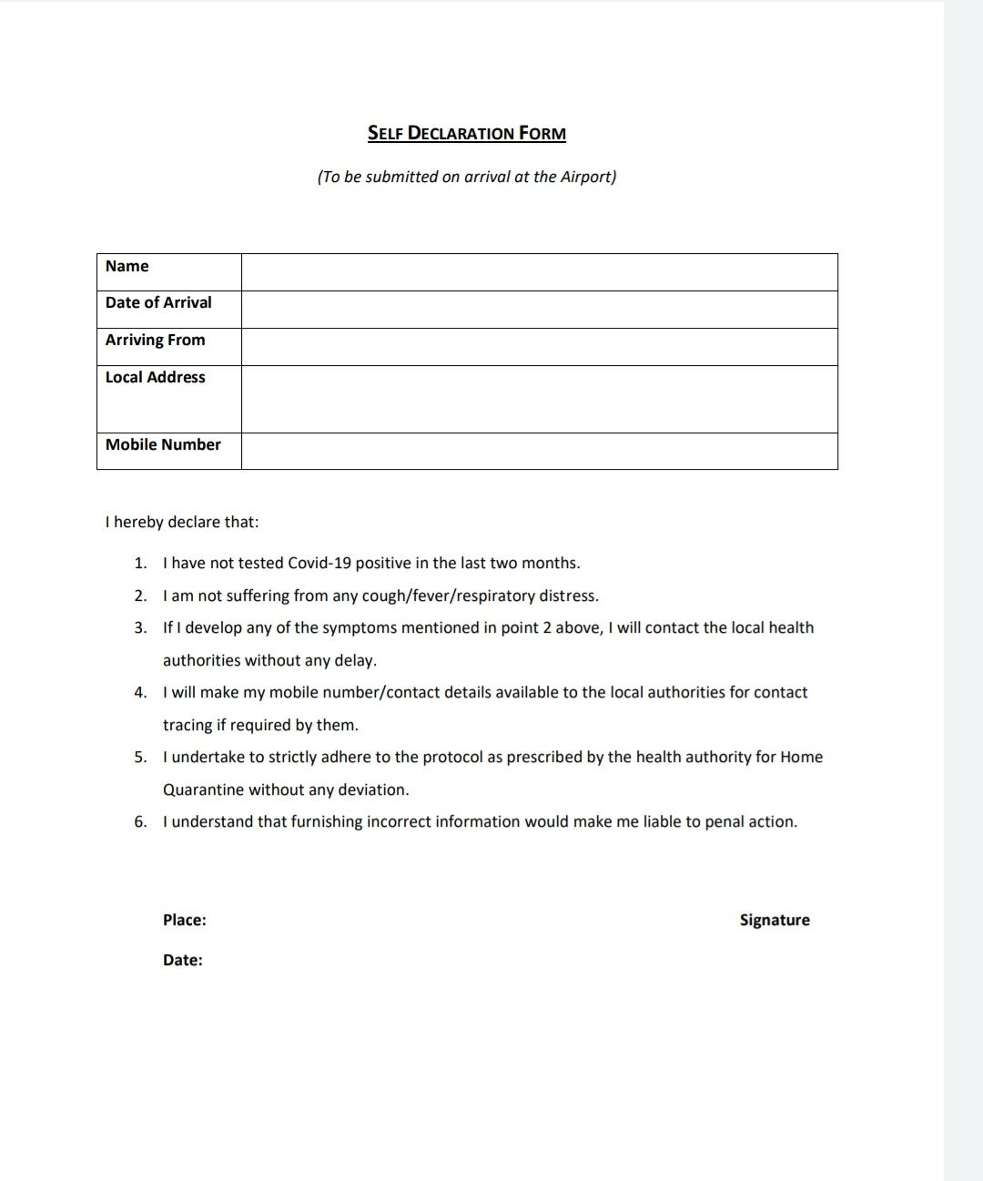 Self Declaration Format For Covid 19 India