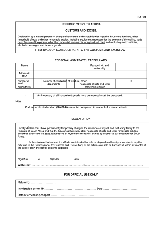 South Africa Customs And Excise Form Printable Pdf Download