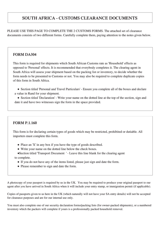 South African Customs Form Excess International Movers Printable Pdf