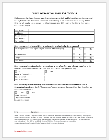 Travel Declaration Form For COVID 19 MS Word Format Edit