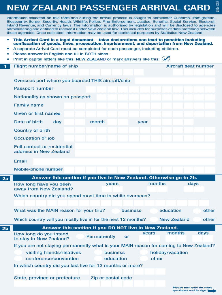 2011 Form NZ Passenger Arrival Card Fill Online Printable Fillable