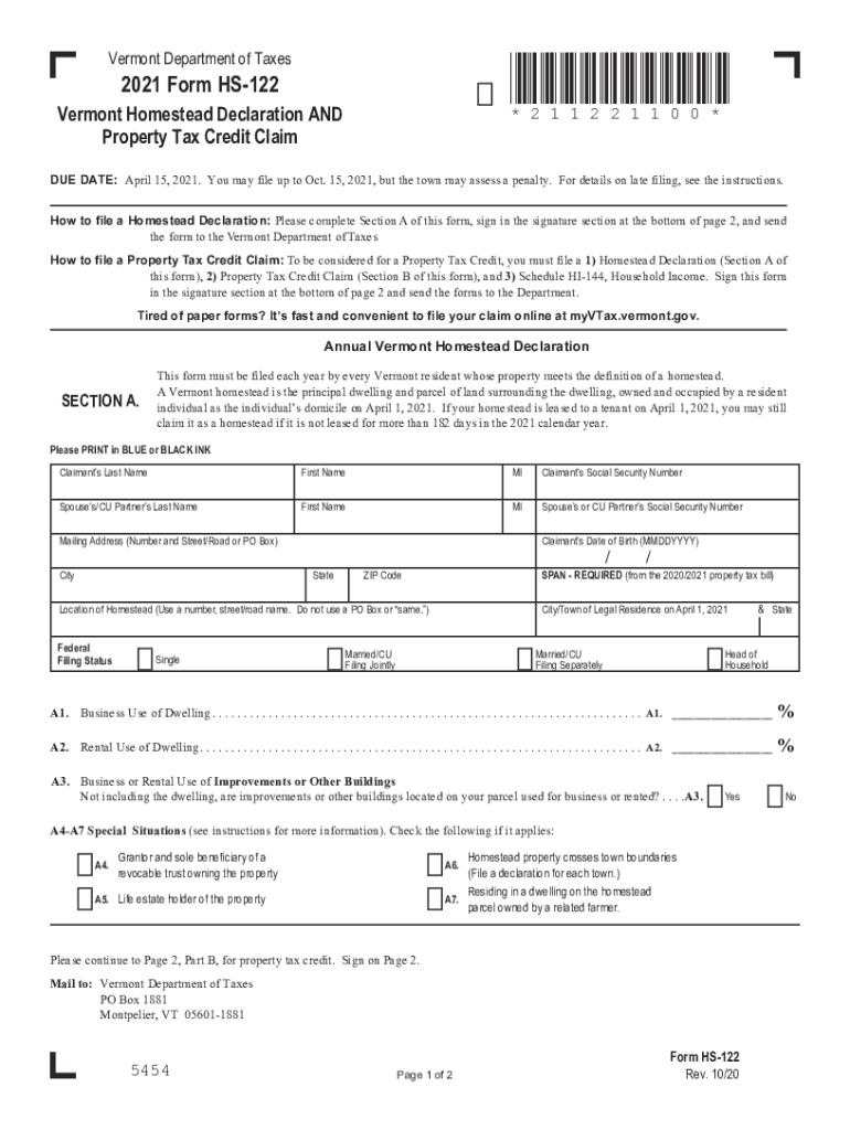 2021 Form VT HS 122 HI 144 Fill Online Printable Fillable Blank 