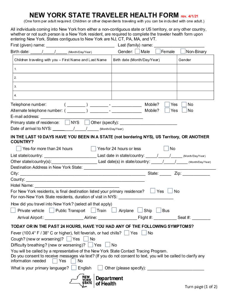 2021 NY DoH Traveler Health Form Fill Online Printable Fillable