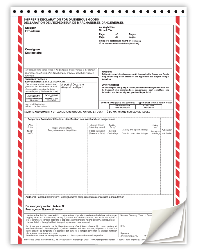 Air Declaration Form 4 Part NCR Bilingual English French 100 Pack 