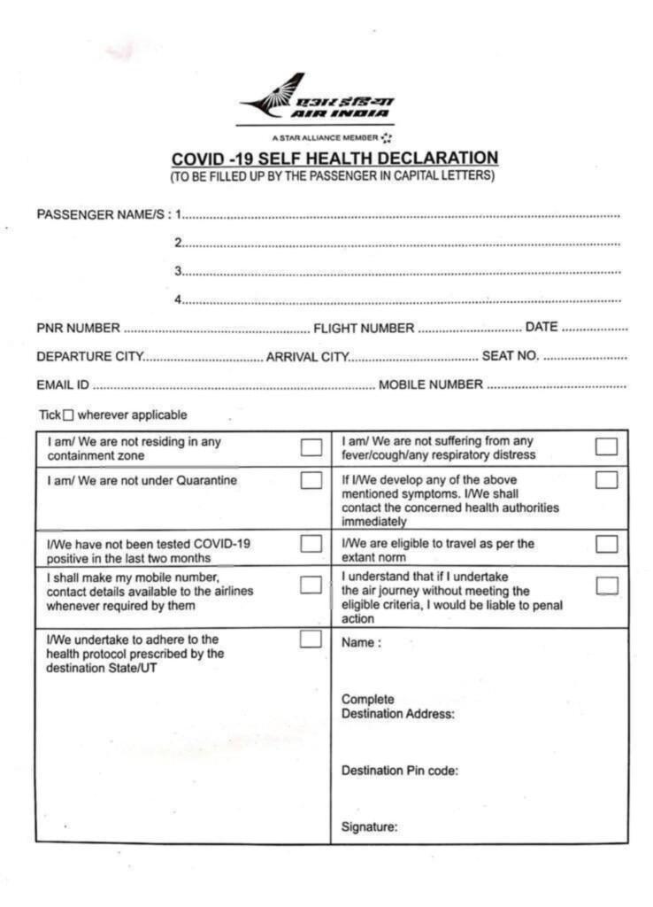 Air India Health Declaration Form Declaration Form