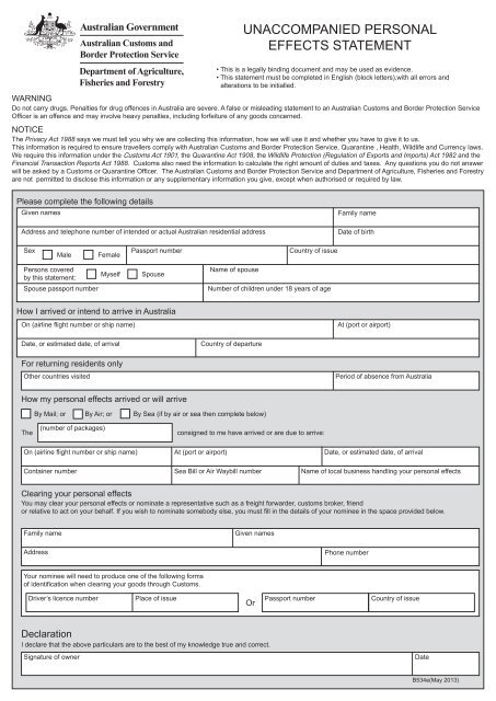 B534 Form Australian Customs Service