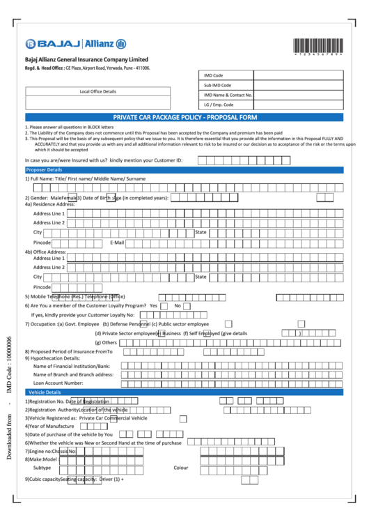 Bajaj Allianz Motor Insurance Proposal Form Printable Pdf Download