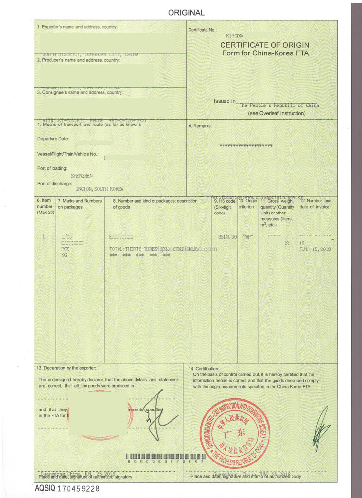 Certificate Of Origin Form For China To Korea Fta Form K Preferential 