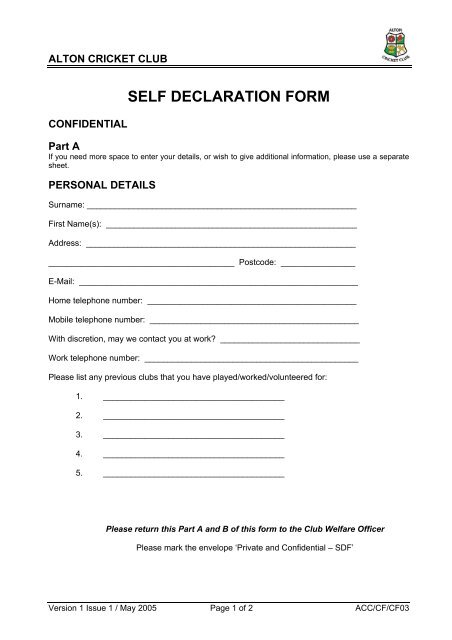 Cf03 Self Declaration Form Alton Cricket Club