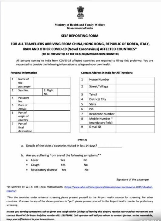 Corona Virus Self Declaration For Travelers