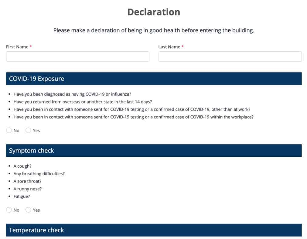 COVID 19 Visitor Declaration Form Online Form Templates Australia