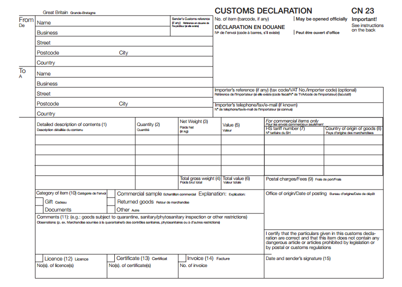 Custom Declaration Form K2 APPENDIX C Sample U S Customs 