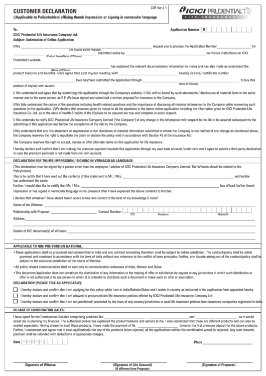 Customer Declaration Form Prudential Life Insurance Printable Pdf