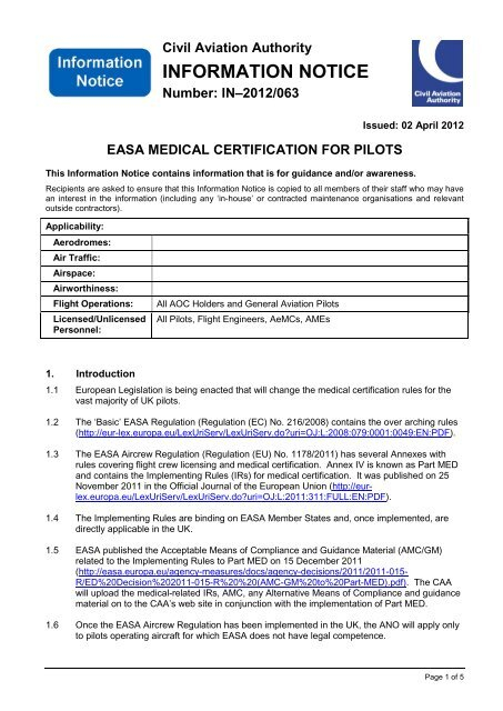 EASA Medical Certification For Pilots Civil Aviation Authority