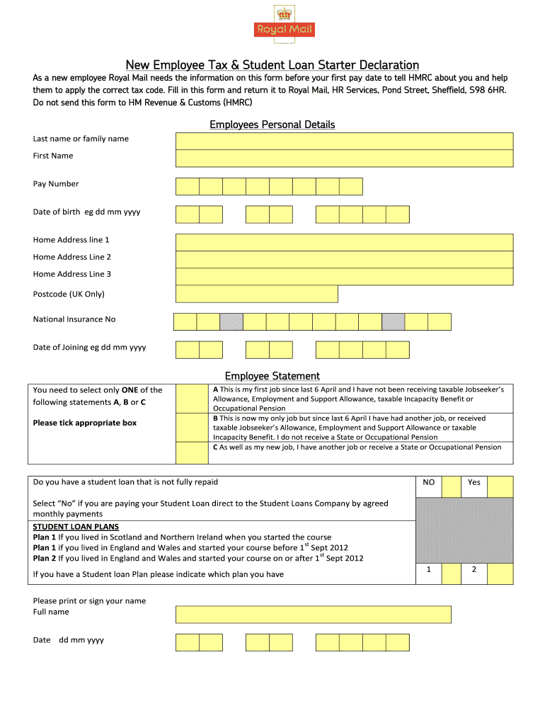 Employee Starter Declaration Form Royal Mail Fill Out Sign Online 