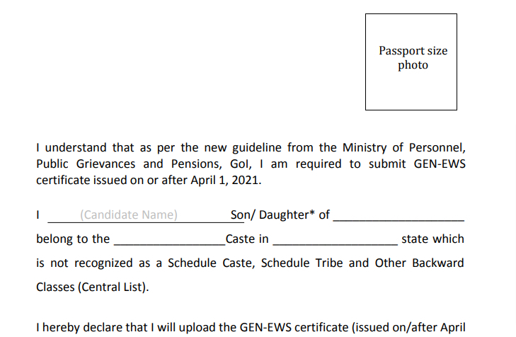 EWS Self Declaration Form PDF In Hindi PDF Form Download