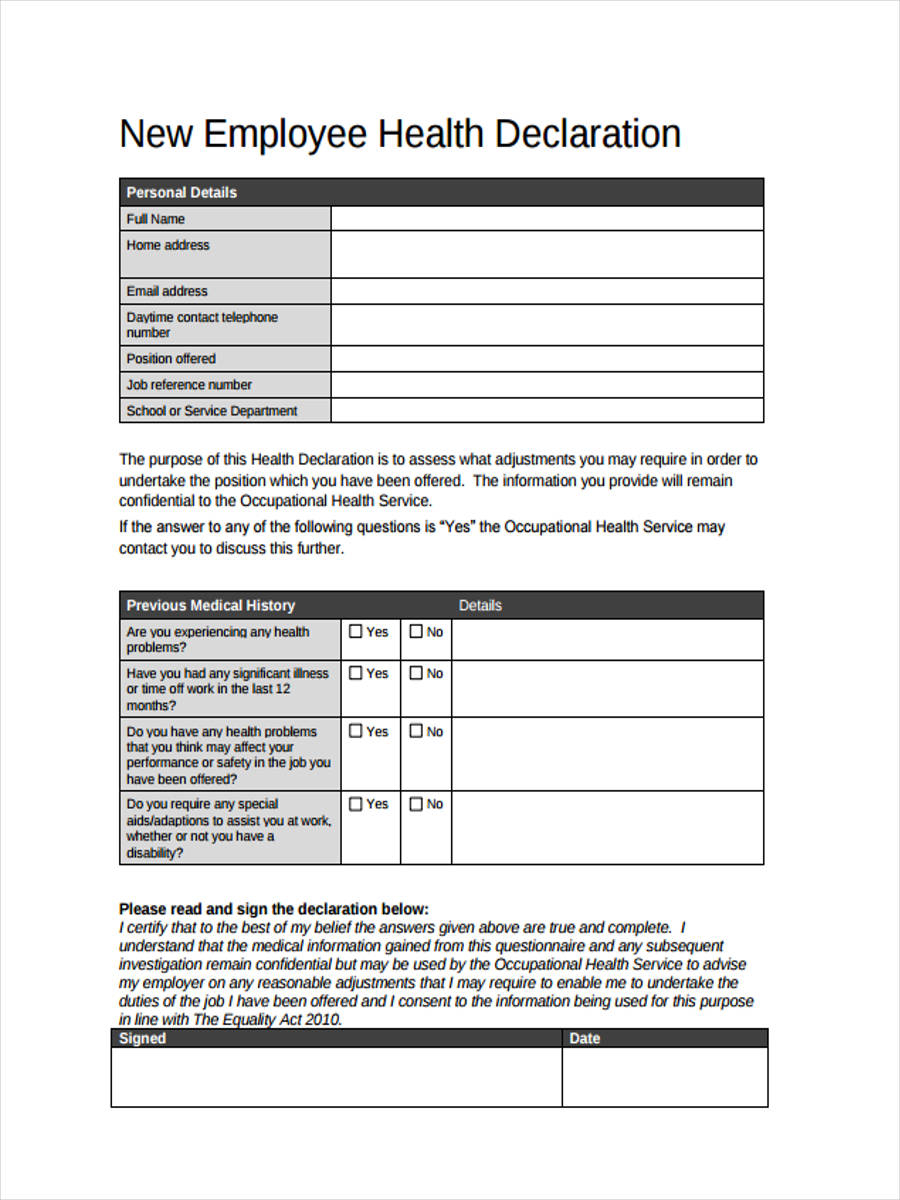 Example Of Health Declaration Form Certify Letter