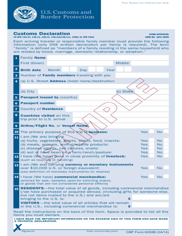 Form 6059B Customs Declaration Declaration Custom Vocabulary