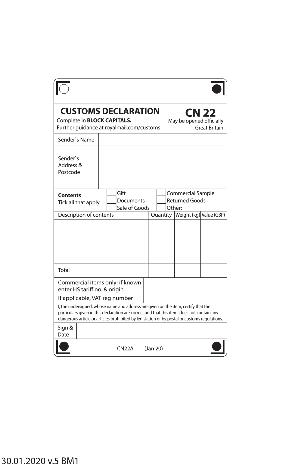 Form CN22 Download Printable PDF Or Fill Online Customs Declaration