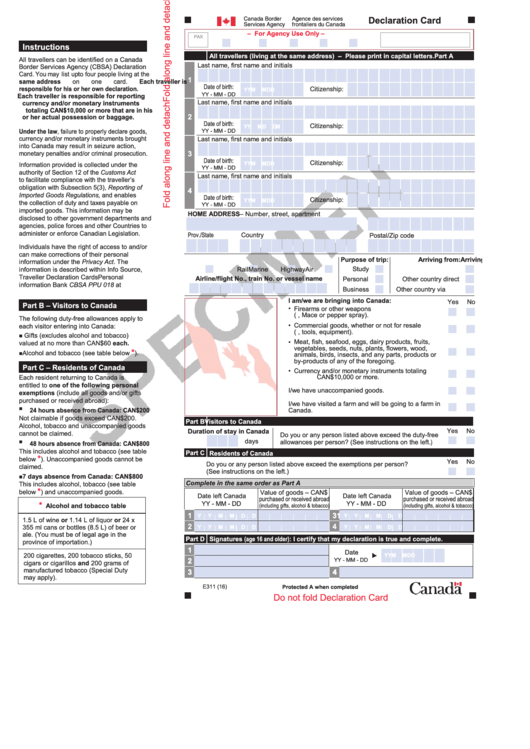 Form E311 Declaration Card Specimen Printable Pdf Download