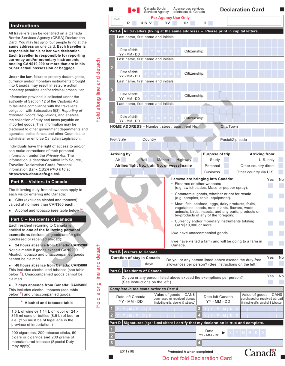 Form E311 Download Printable PDF Or Fill Online Declaration Card Canada 