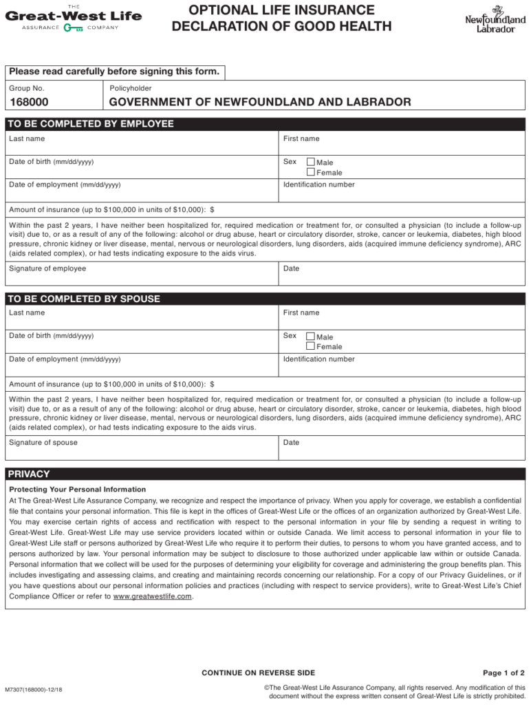 Form M7307 168000 Download Fillable PDF Or Fill Online Optional Life 