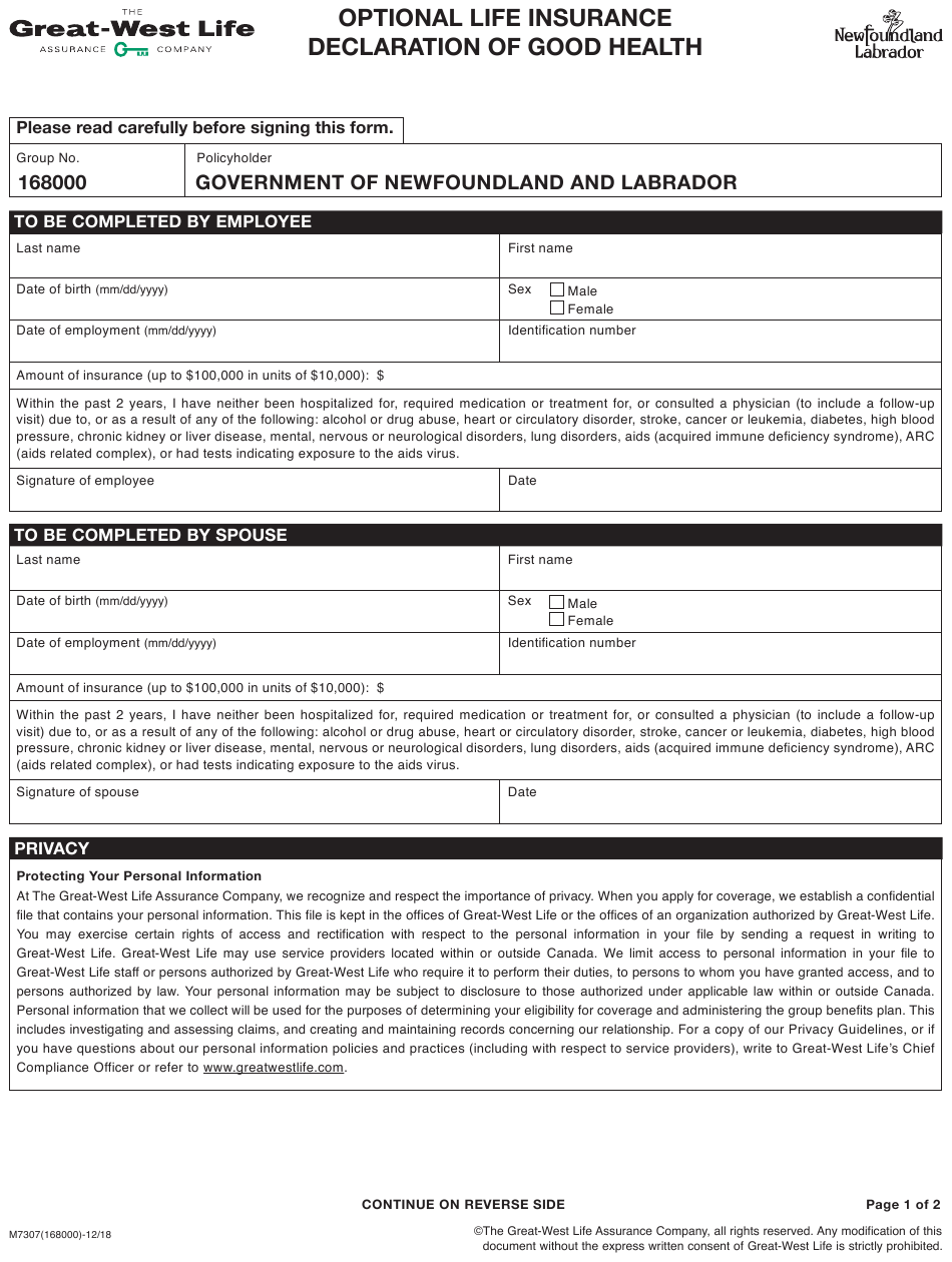 Form M7307 168000 Download Fillable PDF Or Fill Online Optional Life
