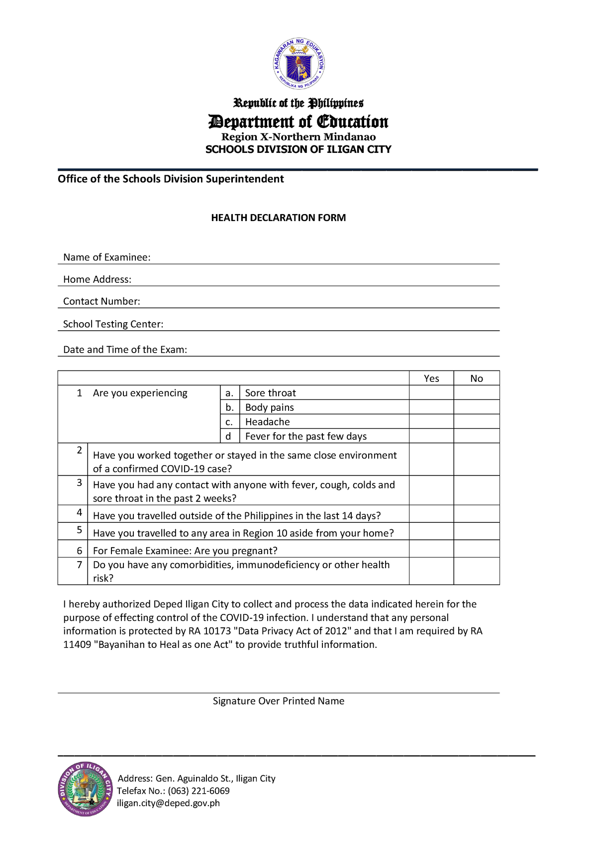 Health Declaration Form 2021 Educ Republic Of The Philippines 