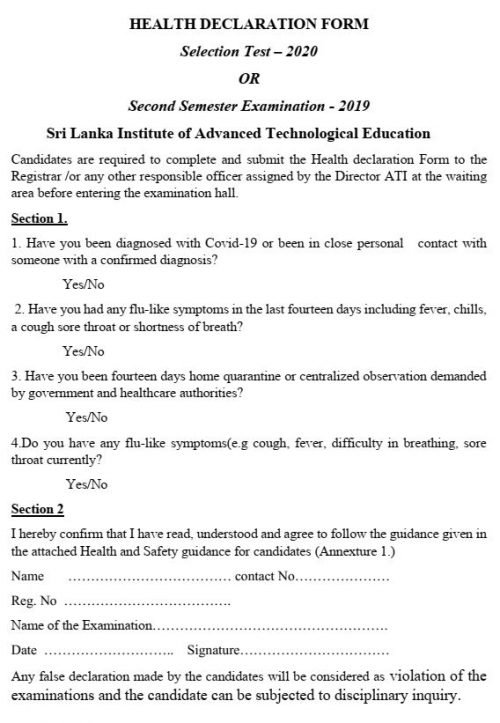 HEALTH DECLARATION FORM Advanced Technological Institute Batticaloa