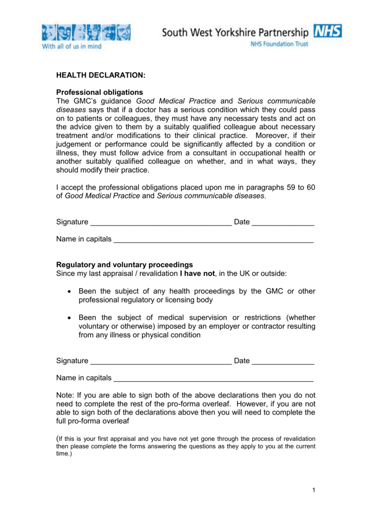 Health Declaration Form Appraisal Documentation