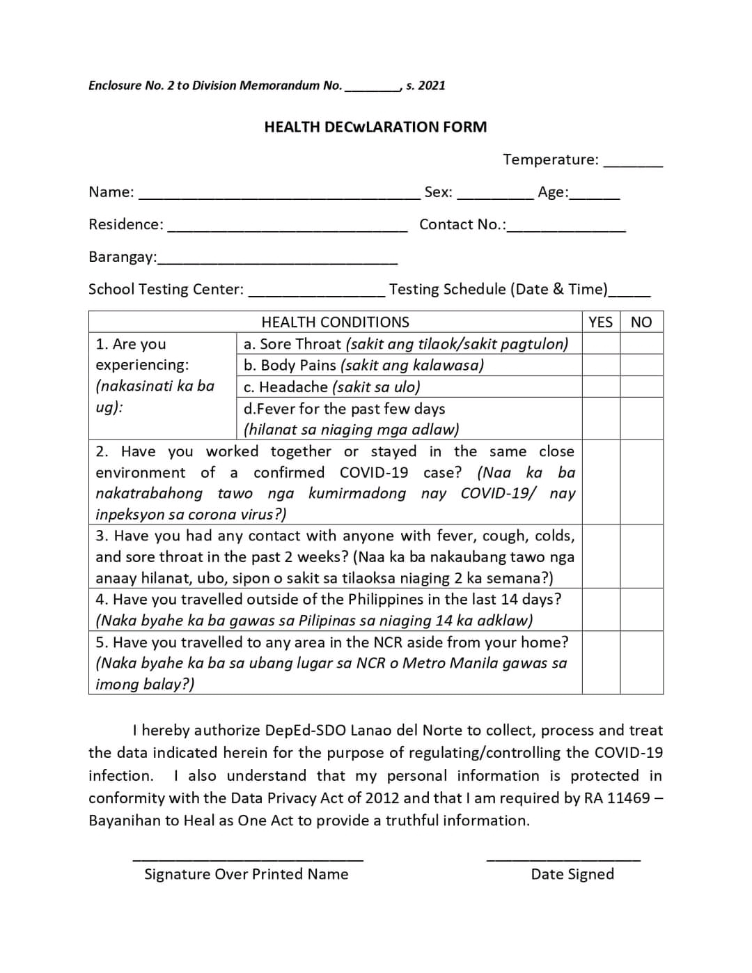 HEALTH DECLARATION FORM SAMPLE