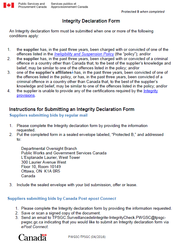 Integrity Declaration Form Government Of Canada s Integrity Regime