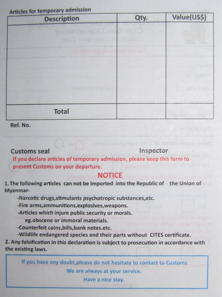 Myanmar Customs Declaration Form 2013 Front And Back Scans Official 