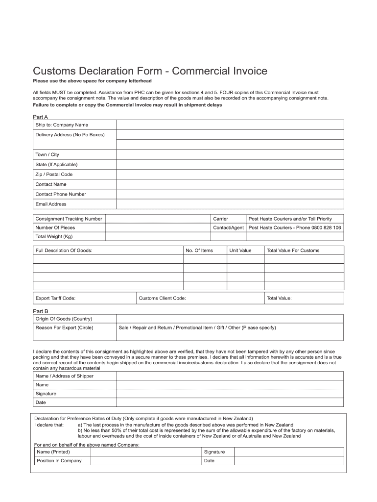 NZ Customs Declaration Form Commercial Invoice Fill And Sign 