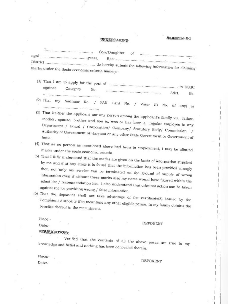  PDF HSSC Self Declaration Form Annexure E1 2021 PDF Download