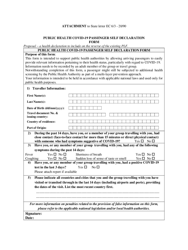 Public Health Covid 19 Passenger Self Declaration Form Fill And Sign 