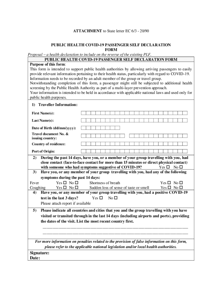 Public Health Covid 19 Passenger Self Declaration Form Fill Out Sign 