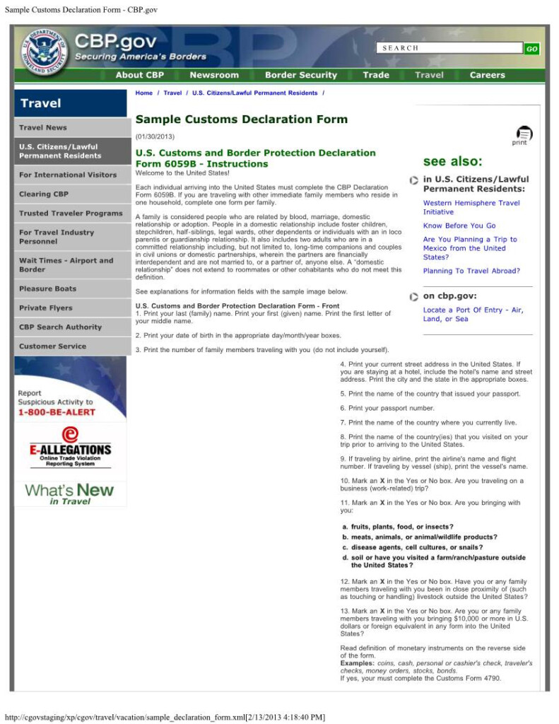 Sample Customs Declaration Form CBP Gov DocsLib
