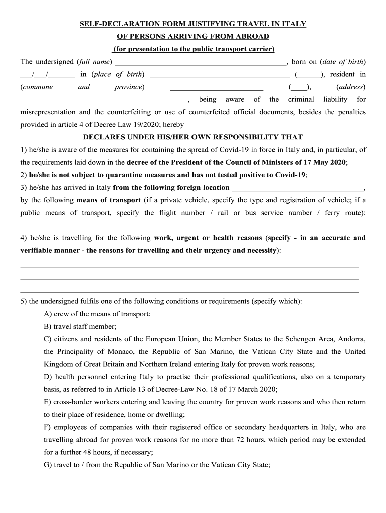 Self Declaration Form Justifying Travel In Italy Of Persons Arriving