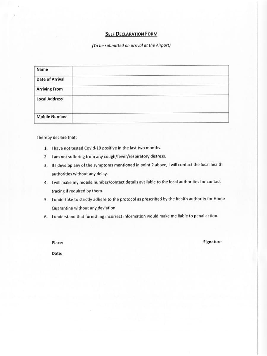 Self Declaration Self declaration Form To Be Filled Out By Passengers 