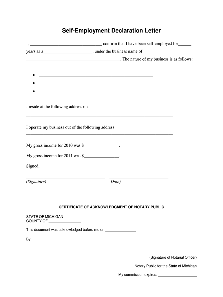 Self Employment Declaration Letter Sample Fill Online Printable