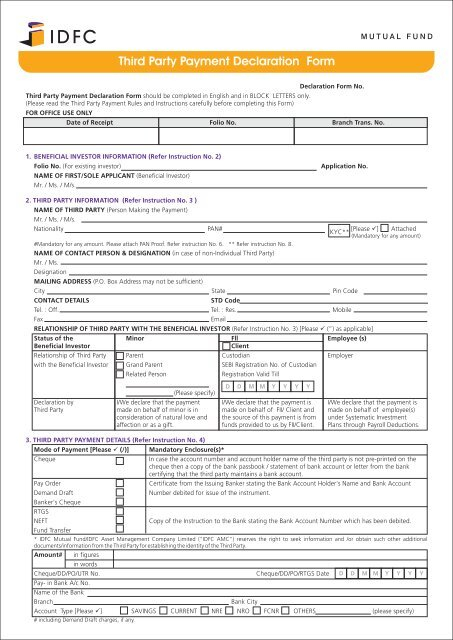 Third Party Payment Declaration Form IDFC Mutual Fund