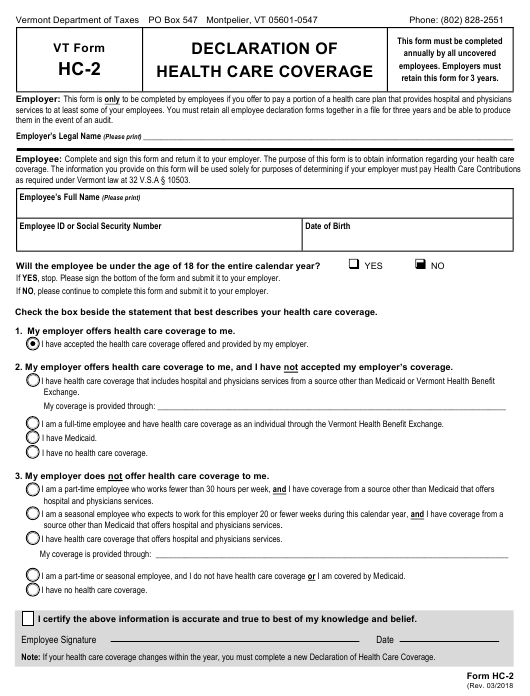 VT Form HC 2 Download Fillable PDF Declaration Of Health Care Coverage
